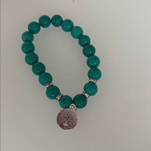 Turquoise Colored Beaded Bracelet with Silver Tree Charm and Rhinestone Accent